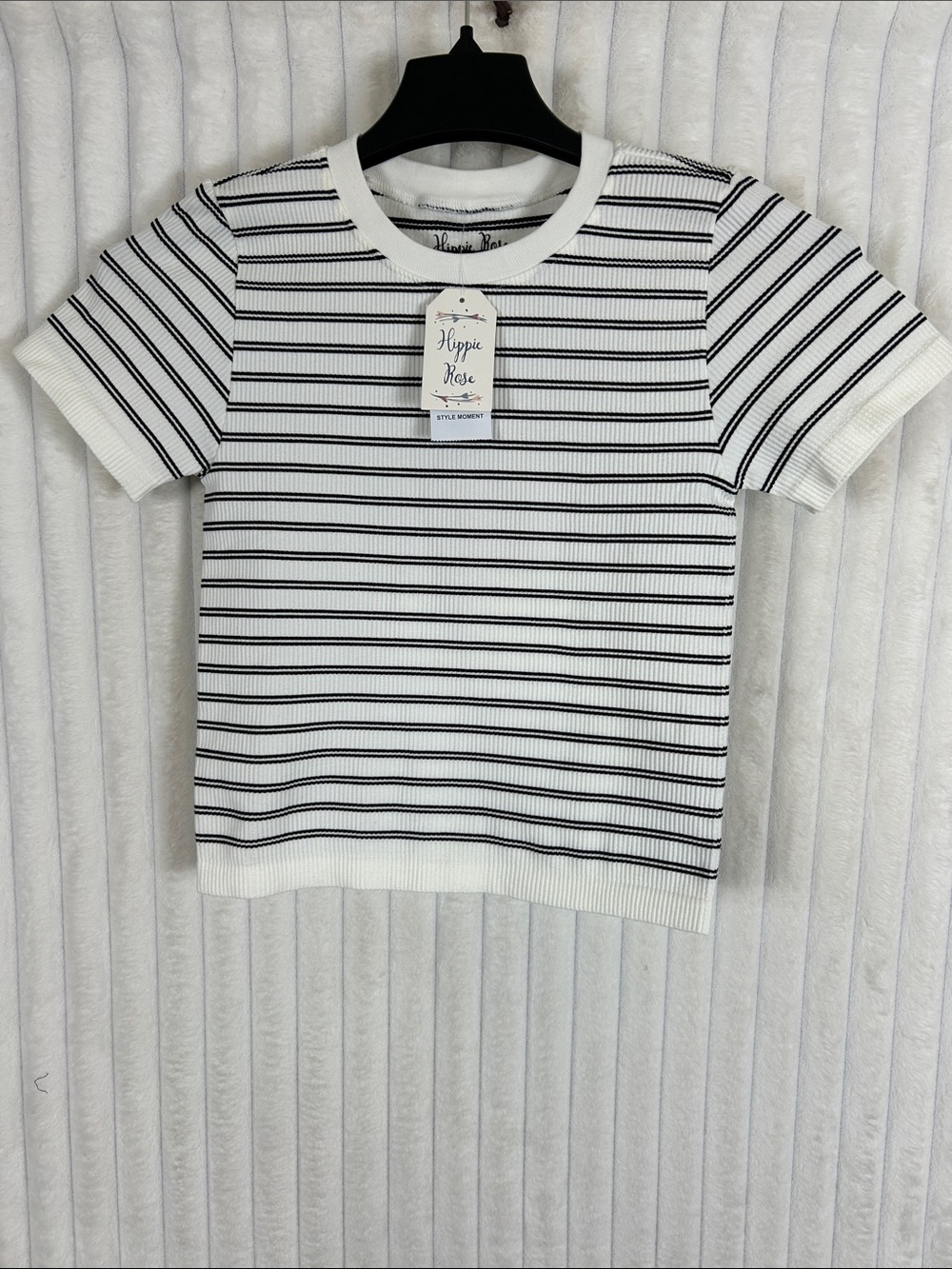 NWT Hippie Rose Moment White Short Sleeve Ribbed stretch crop Tee Black Stripes